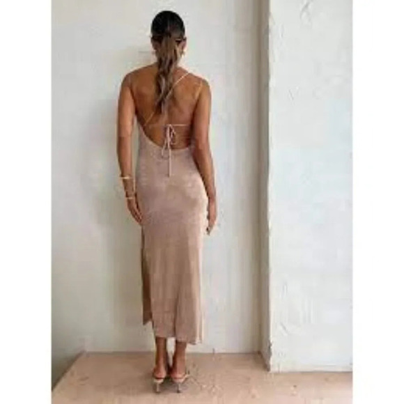 Third Form Heavy Metal Knit Slip Dress in Rose Gold 2 Womens Midi Semi Sheer - Picture 10 of 16